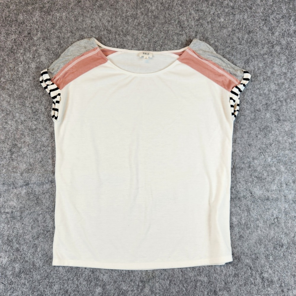 BKE Top Women S Cream Colorblock Striped Short Sleeve Casual Lightweight Tee